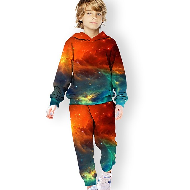 Baby & Kids Boys Clothing | Kids Unisex Hoodie & Pants Clothing Set 2 Pieces Long Sleeve Rainbow Space Gradient Ramp Print Vacat