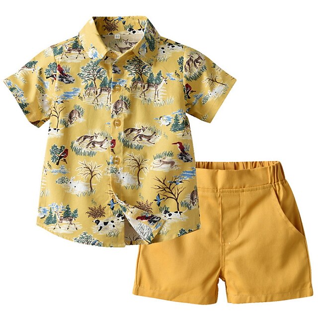 Baby & Kids Boys Clothing | Kids Boys Shorts Set Clothing Set 2 Pieces Short Sleeve Yellow Light Blue Tree Fox Animal Print Cott