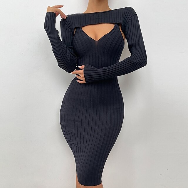  Women's Dress Set Two Piece Dress Knee Length Dress Black Long Sleeve Pure Color Backless Hollow Out Knit Fall Winter Crew Neck Stylish Casual 2022 S M L / Cotton / Sweater Jumper Dress