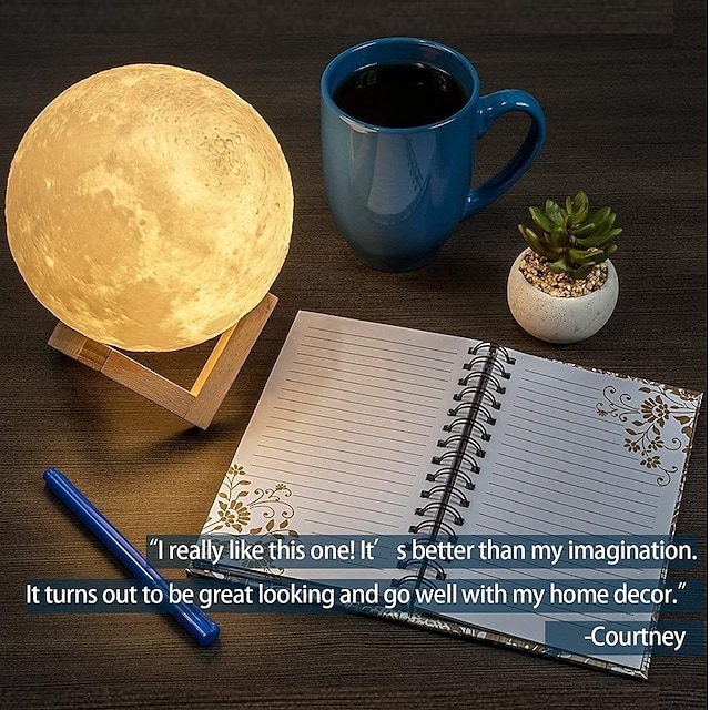 مصباح القمر LED ضوء الليل 3D الطباعة ضوء القمر مع حامل خشبي مصباح ديكور المنزل للعام الجديد هدايا عيد الميلاد للفتيات 10 سم × 10 سم