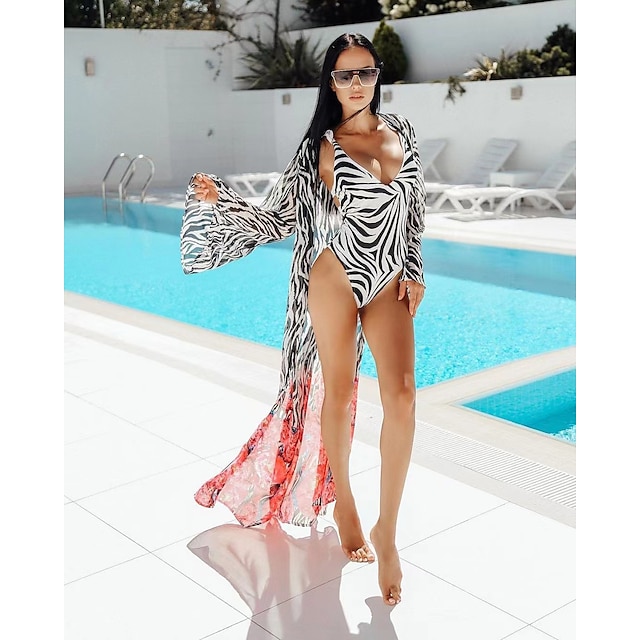 Womens Clothing Womens Swimwear | Womens Swimwear One Piece Swimsuit Animal Pattern Tummy Control Ruffle Zebra Print zebra Bathi