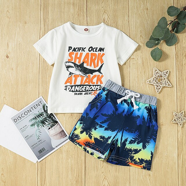 Baby & Kids Boys Clothing | Kids Boys T-shirt & Shorts 2 Pieces Short Sleeve White Light gray Shark Letter Print Cotton Casual R