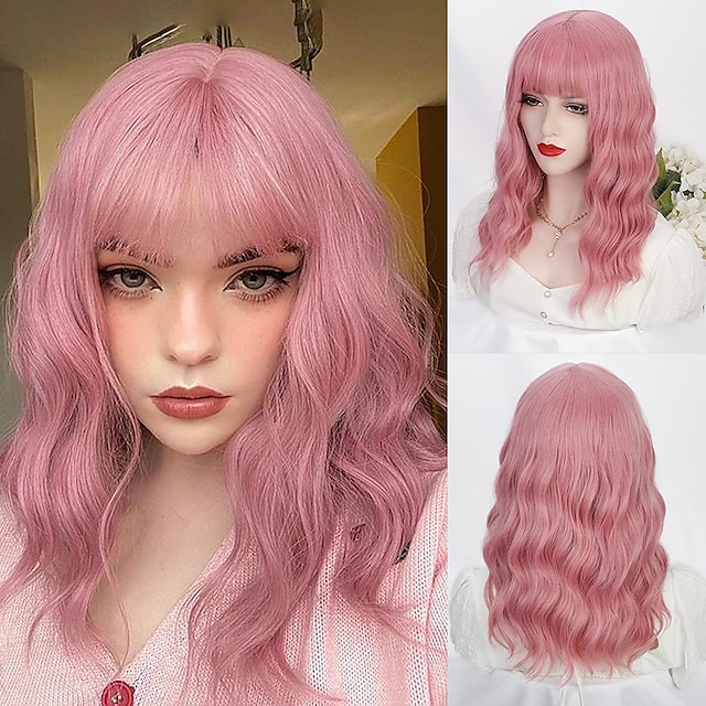 Beauty & Hair Wigs & Hair Pieces | Short Wavy Pink Wig With Bangs Womens Shoulder Length Bob Curly Wig Synthetic Heat-resistant 