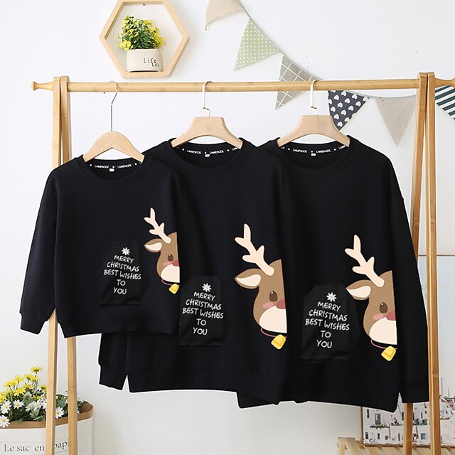 Baby & Kids Matching Outfits | Family Look Tops Cotton Deer Christmas pattern Letter Sports Print Green Black Pink Long Sleeve A