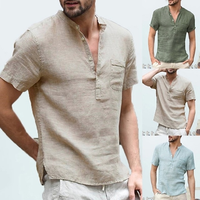 Da Uomo T-shirt a manica corta camicia di lino Vacanze Casual Tinta Unita Basic Top Bottoni 