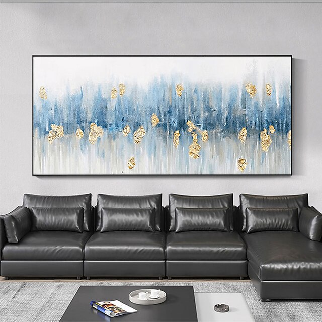 Home & Garden Wall Art | Handmade Oil Painting Canvas Wall Art Decoration Abstract Art Blue Gold Foil for Home Decor Stretched F