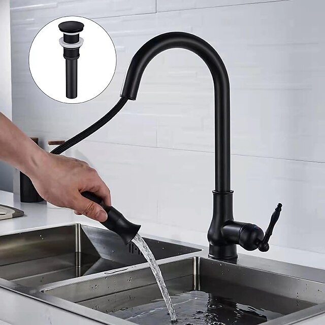 Kitchen Sink Mixer Faucet with Pull Out Spray, 360 Swivel Pull Down Vessel Taps Antique Brass/Black Deck Mounted, Antique Single Handle One Hole Kitchen Taps 25
