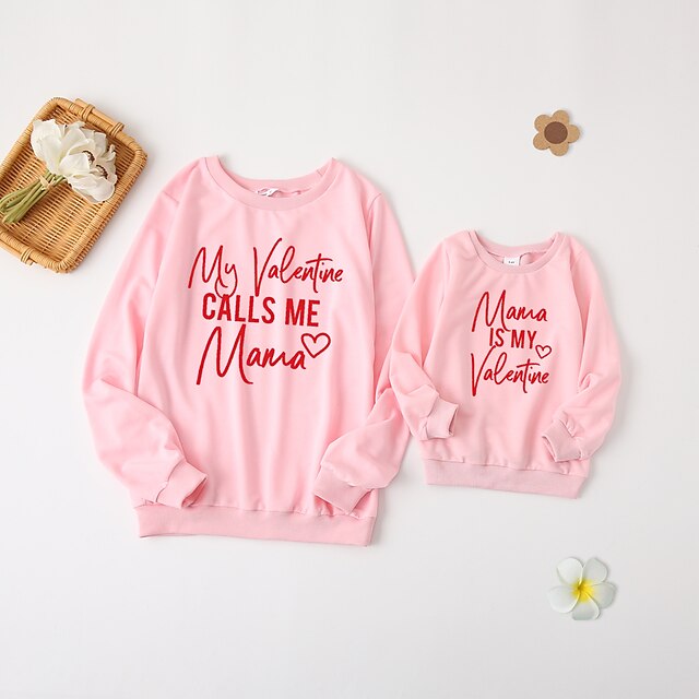 Baby & Kids Matching Outfits | Mommy and Me Valentines Tops Sweatshirt Heart Letter Daily Print White Pink Long Sleeve Daily Mat