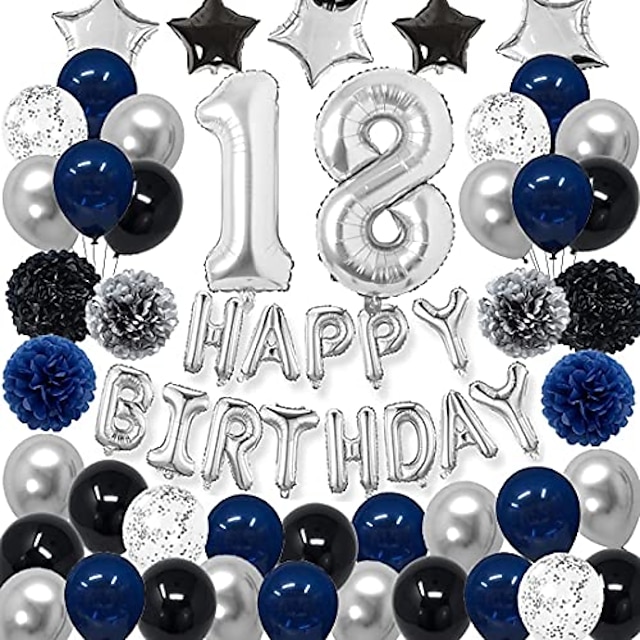  18ème décorations d'anniversaire bleu pour hommes garçon femmes fille, bleu marine noir argent joyeux anniversaire fournitures de fête avec pompons fleur ballon de confettis 18 ballon numéro en