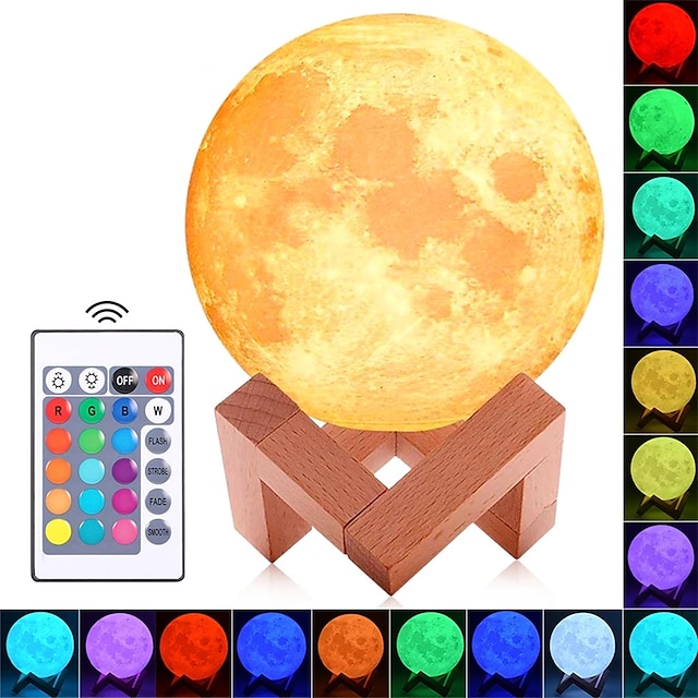  3D Moon Lamp 16 Colors LED Night Light 3D Printing Moon Light with Wooden Stand & Remote/Touch Control and USB Rechargeable Bedrooms Decorative Lamps for Friends Lover Christmas Birthday Gifts