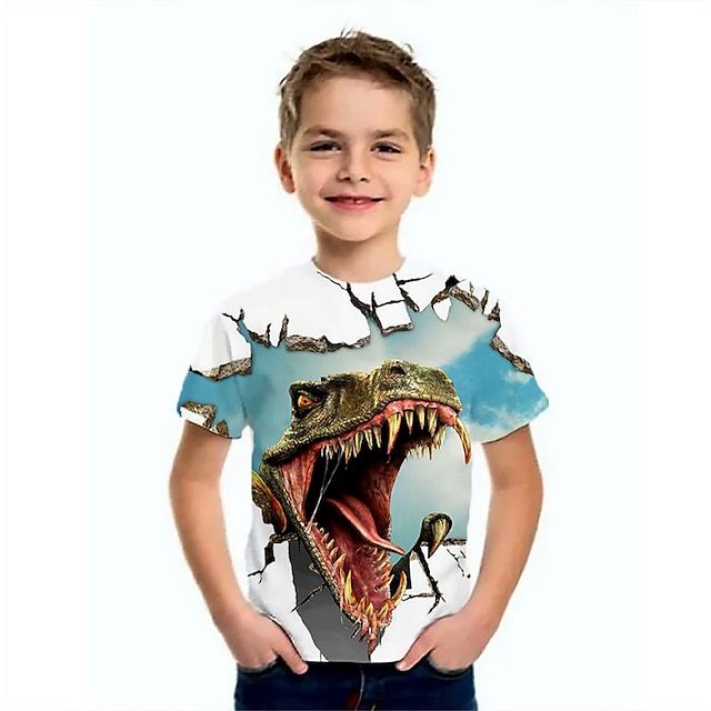  Kinder Jungen T-Shirt Kurzarm Hellblau Meerblau Marineblau 3D-Druck Dinosaurier Tier Schulanfang Täglich Innen Grundlegend Cool 3-12 Jahre / Sommer