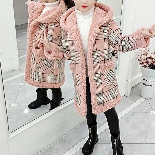 Baby & Kids Girls Clothing | Kids Girls New Year Coat Parka Long Sleeve Pink Light Green Plaid Fur Collar Fall Winter Active Chr