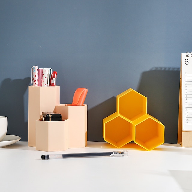 Consumer Electronics Stationery | Multifunctional Hexagonal Rhombus Pen Holder Storage Bucket Rhombus Office Storage Box Plastic