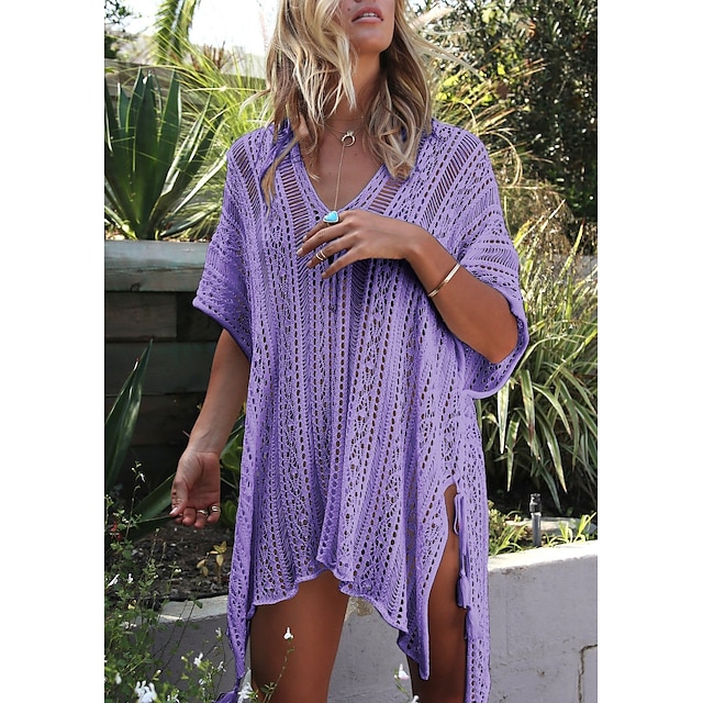 Womens Clothing Womens Swimwear | Womens Swimwear Cover Up Beach Dress Normal Swimsuit Oversized Hole Solid Color Light Purple L