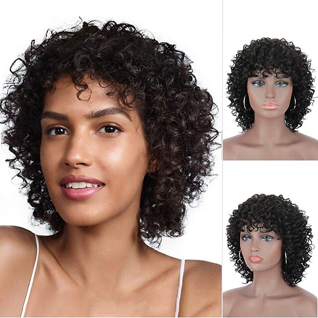  Human Hair Wig Short Deep Curly Asymmetrical Black Soft Party Women Capless Brazilian Hair Women's Natural Black #1B 12 inch Party / Evening Daily Daily Wear