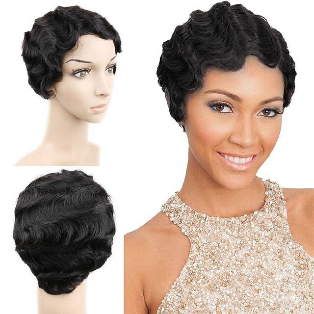 

Full Machine Made 150% Human Hair Short Wig Natural Black 99J Antique Retro Wave Capless Human Hair 6 Inch Breathable Wigs