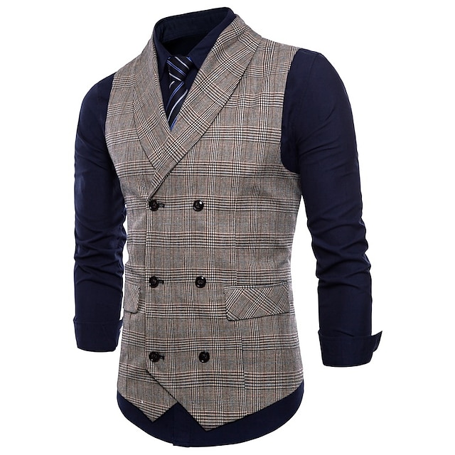  Men's Vest Waistcoat Business Wedding Party Active Smart Casual Spring Fall Polyester Plaid Double Breasted Shirt Collar Slim Brown Light Grey Dark Gray Vest