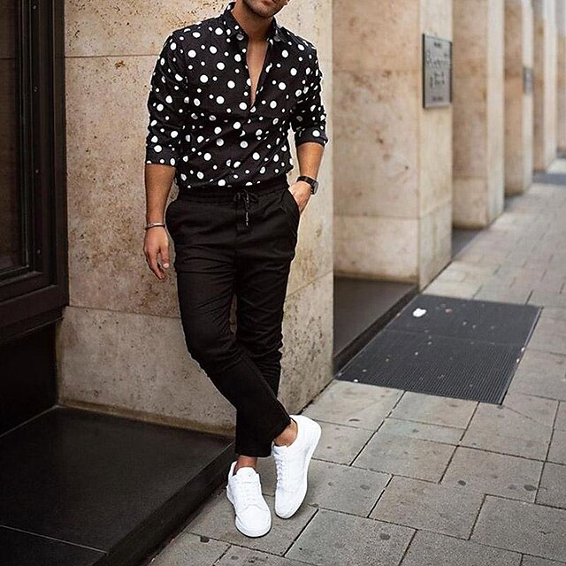 Men's Shirt Graphic Shirt Polka Dot Collar Black White Blue Purple ...