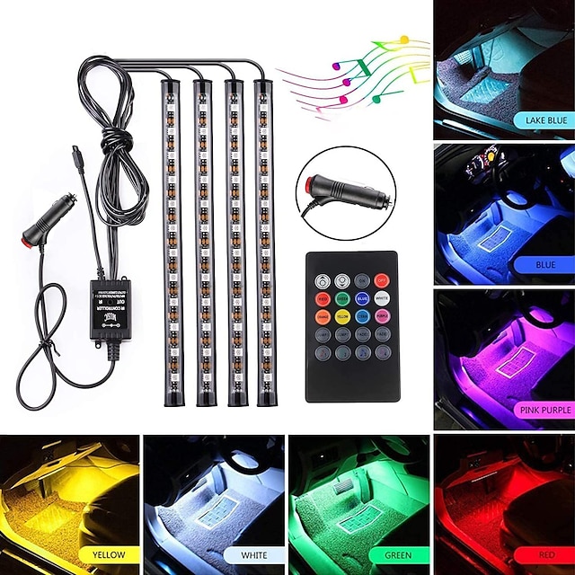  4 Stück Auto-LED-Streifenlichter, 48 LEDs, mehrfarbige Musik, Auto-Innenbeleuchtung, LED unter dem Armaturenbrett, Umgebungsbeleuchtungs-Set, Fußlampe