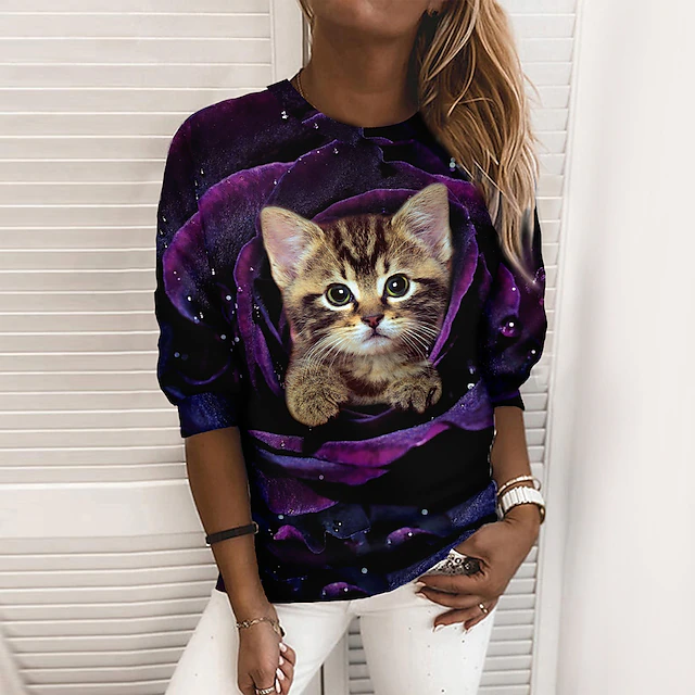 Women's Sweatshirt Pullover Cat 3D Rose 3D Print Daily Sports 3D Print ...