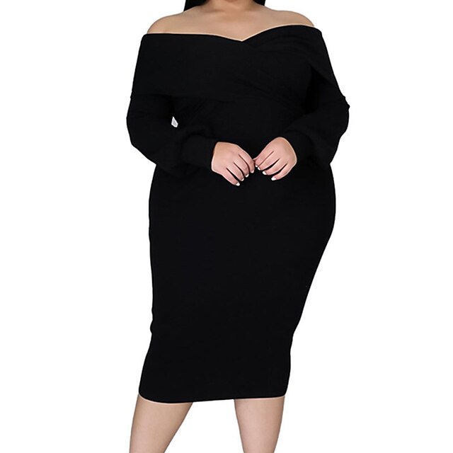 Womens Clothing Plus Size Collection | Womens Plus Size Sheath Dress Solid Color V Neck Ruched Long Sleeve Fall Spring Work Casu