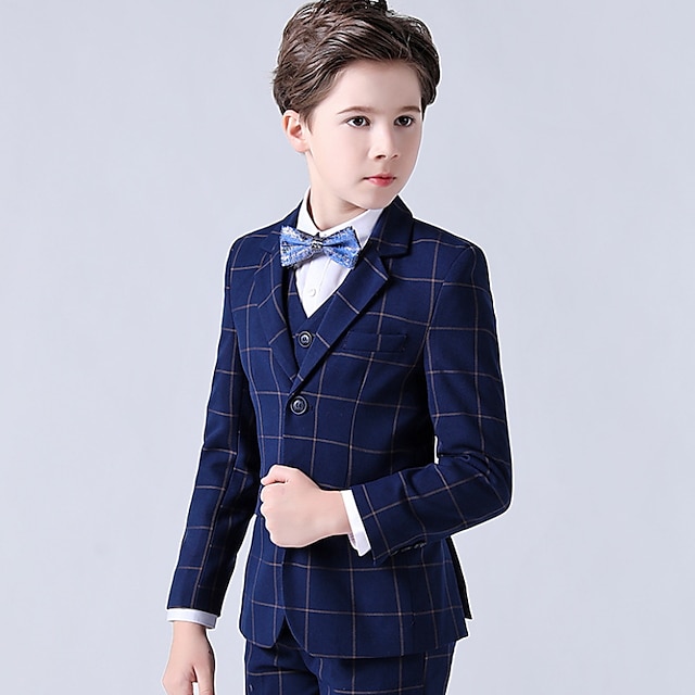  Kids Boys Suit & Blazer Clothing Set 3 Pieces Long Sleeve Blue Plaid Bow Cotton Party Gentle Regular 3-13 Years / Spring / Fall