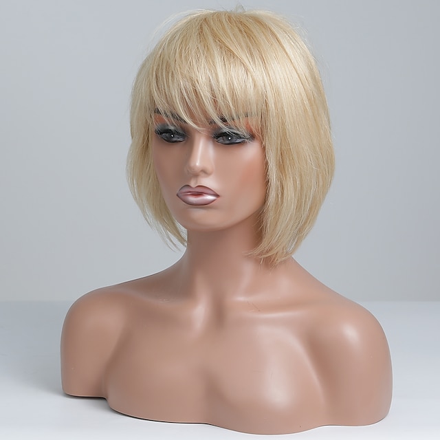 Human Hair Blend Wig Medium Length Straight Bob Layered Haircut Short ...