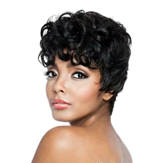 

Human Hair Capless Wig Curly Pixie Cut Side Part Natural Cool Adorable 130% Density Full Machine Made Brazilian Hair Women's Natural Black #1B 6 inch