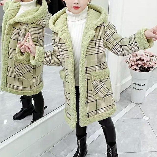 Baby & Kids Girls Clothing | Kids Girls New Year Coat Parka Long Sleeve Pink Light Green Plaid Fur Collar Fall Winter Active Chr