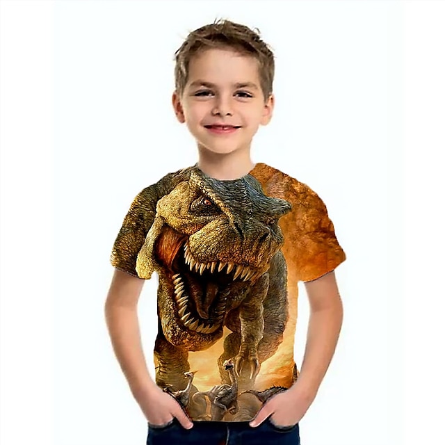  Kids Boys' T shirt Short Sleeve Light Blue Lake blue Navy 3D Print Dinosaur Animal School Daily Indoor Basic Cool 3-12 Years / Summer