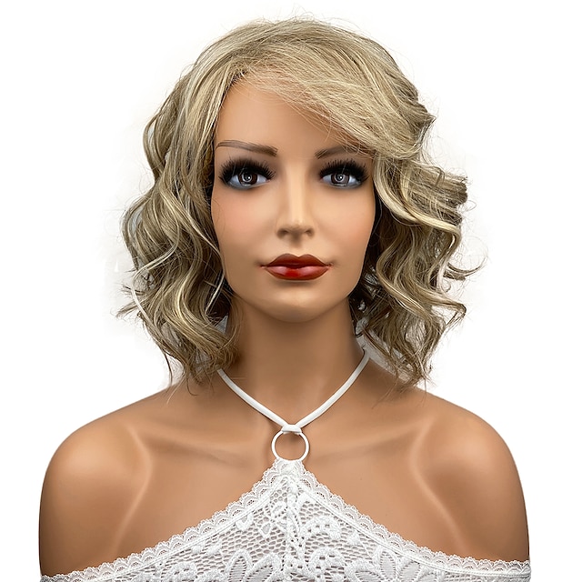  perruques blondes pour femmes perruque synthétique bouclés bouclés perruque de coupe de cheveux en couches perruque de longueur moyenne cheveux synthétiques dorés clairs femmes surlignées / cheveux