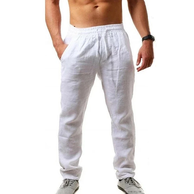 Men's Linen Pants Trousers Beach Pants Pocket Drawstring Elastic ...