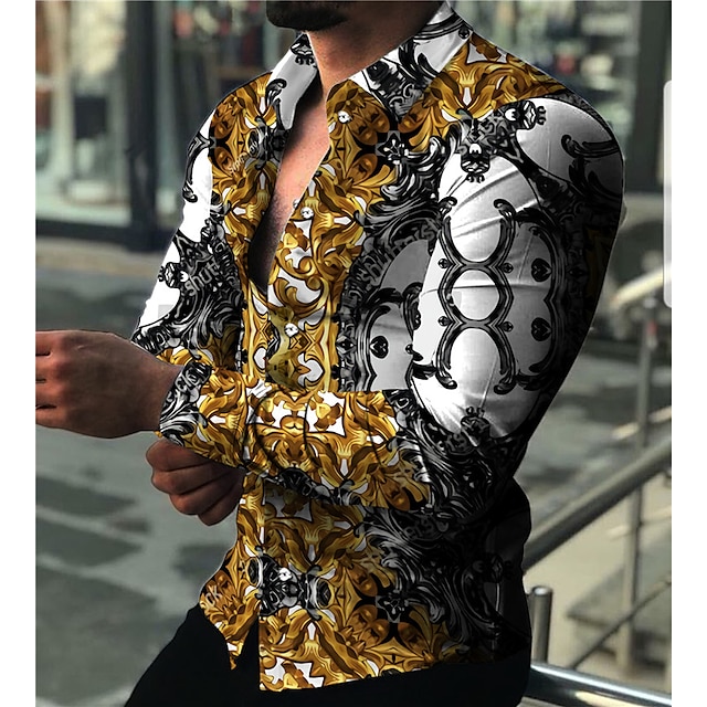 Муж. Рубашка Графическая рубашка Цветочный принт Отложной Желтый 3D печать Повседневные Праздники Длинный рукав 3D печать Кнопка вниз Одежда Мода Оригинальный рисунок На каждый день Дышащий