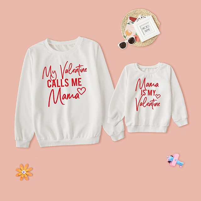 Baby & Kids Matching Outfits | Mommy and Me Valentines Tops Sweatshirt Heart Letter Daily Print White Pink Long Sleeve Daily Mat