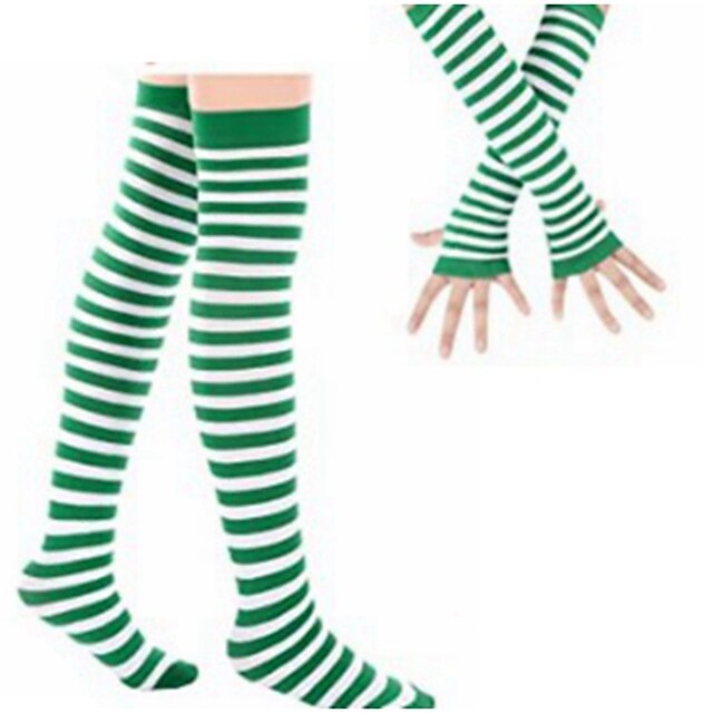St Patrick Day Party Stockings Thigh High Green & White Stripes & Shamrocks