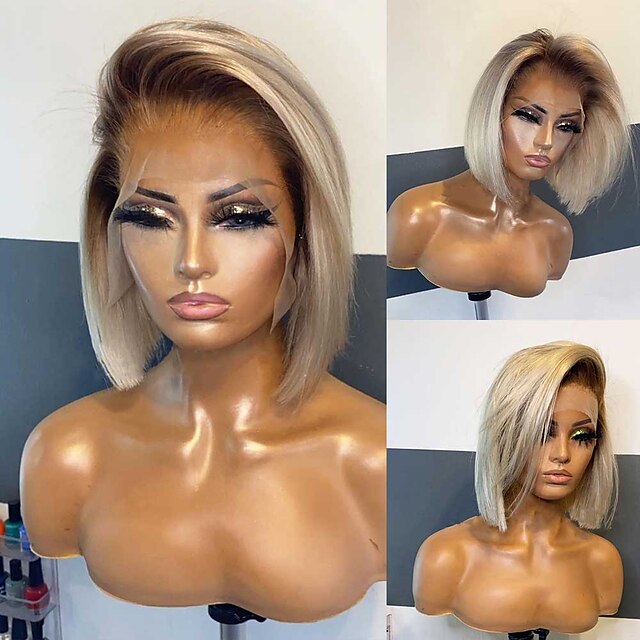 

150 134 Lace 4T/613 Honey Blonde Ombre 613 Color Closure Wig Short Pixie Bob Cut Straight Human Hair Wigs