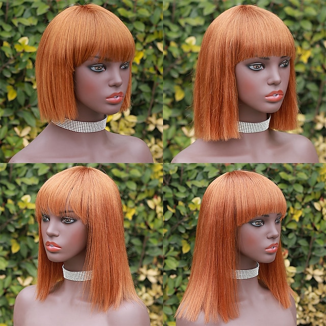 

Straight Human Hair Wigs with Bangs Short Bob None Lace Human Hair Wig Full Machine Wigs 150% Density 8-14 Inch Brazilian Human Hair Capless Wigs for Black Women #30