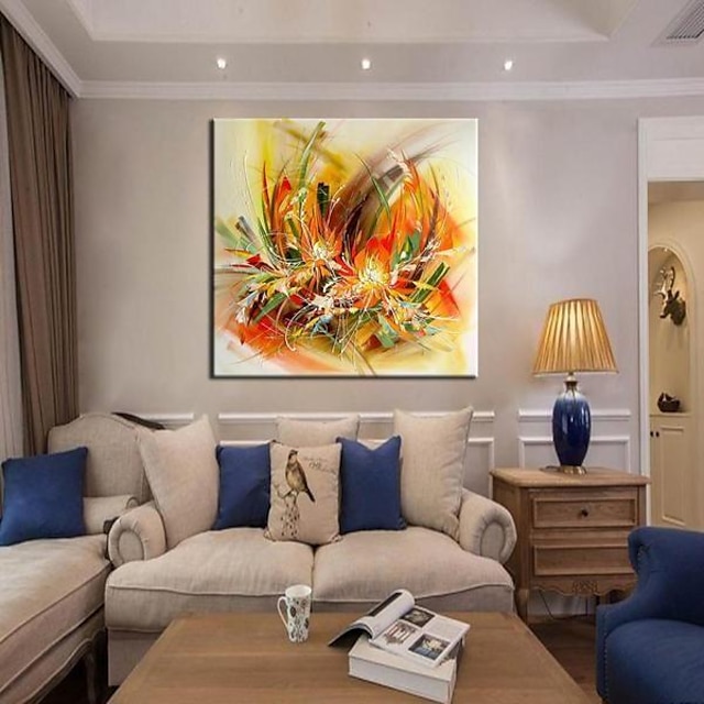  Hang-geschilderd olieverfschilderij Handgeschilderde Vierkant Bloemenmotief / Botanisch Modern Inclusief Inner Frame / Uitgerekt canvas