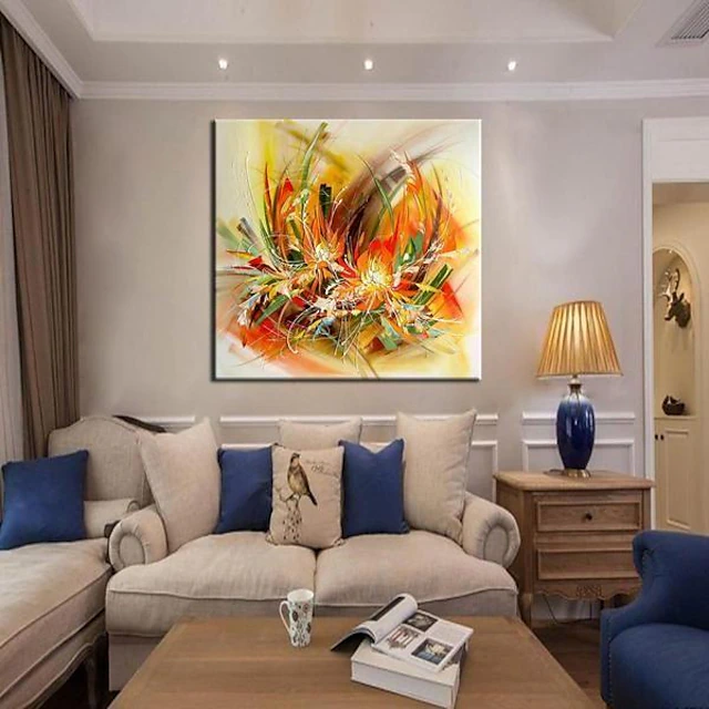 Oil Painting Hand Painted Square Floral / Botanical Modern Stretched Canvas 10