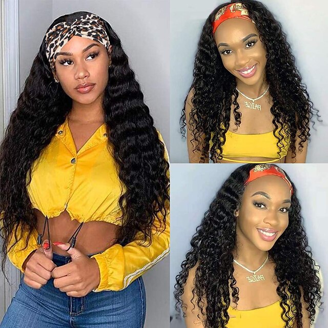 

Glueless Human Hair Band Wigs Deep Wave Human Hair Headband Wig Brazilian Deep Wave Curly Wigs Wet Wavy Human Hair Headband Wigs for Black Women 150% Density Easy Wear Wigs