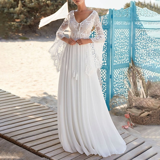  Strand Åpen Rygg Boho Bryllup Kjoler A-linje V-hals Lange Ermer Slepe  Børstetog Chiffon Brudekjoler Med Folds 2025