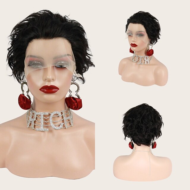 

Remy Human Hair Wig Matte Deep Wave Short Bob Asymmetrical Natural Dark Black Simple Case Fashionable Design Capless Brazilian Hair Peruvian Hair for Women Free Cap