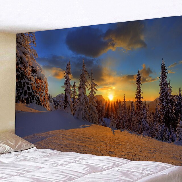 Snow Mountains Tapestry Winter Scenery Forest Wall Hanging Home Bedroom Decor 