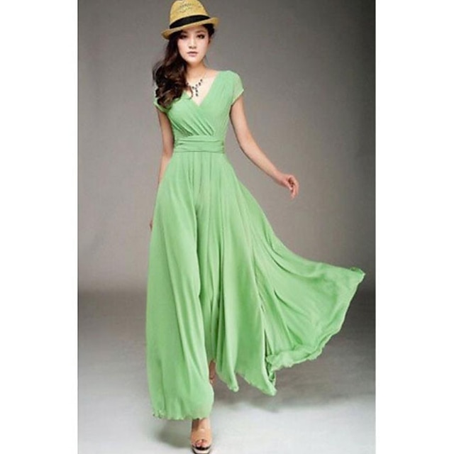  A-Line Empire Minimalist Wedding Guest Engagement Dress V Neck Short Sleeve Floor Length Chiffon with Pure Color 2022