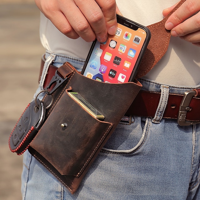 men's leather mobile phone bag cowhide belt bag pockets new wear belt ...