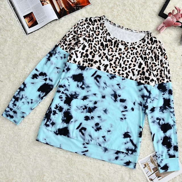 Baby & Kids Matching Outfits | Mommy and Me Tops Sweatshirt Cotton Graphic Tie Dye Leopard Sports Patchwork Light Blue Long Slee