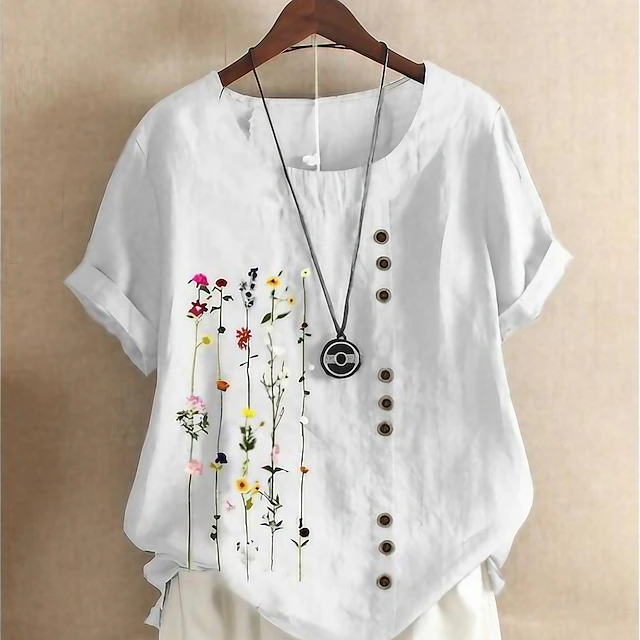 Women's 100% Cotton Shirt Blouse Floral Daily Vintage Casual Linen Like Short Sleeve Crew Neck White Summer Spring 8