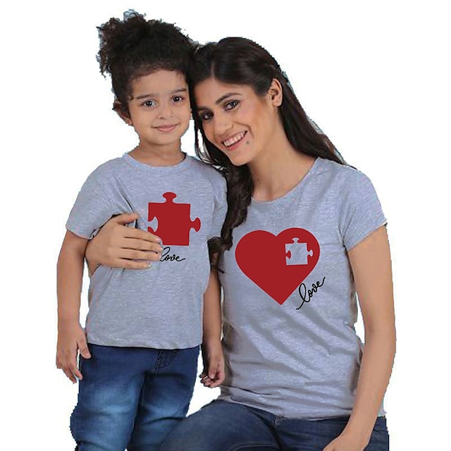 Baby & Kids Matching Outfits | Tops Mommy and Me Cotton Heart Daily Print Gray White Short Sleeve Basic Matching Outfits - BF842