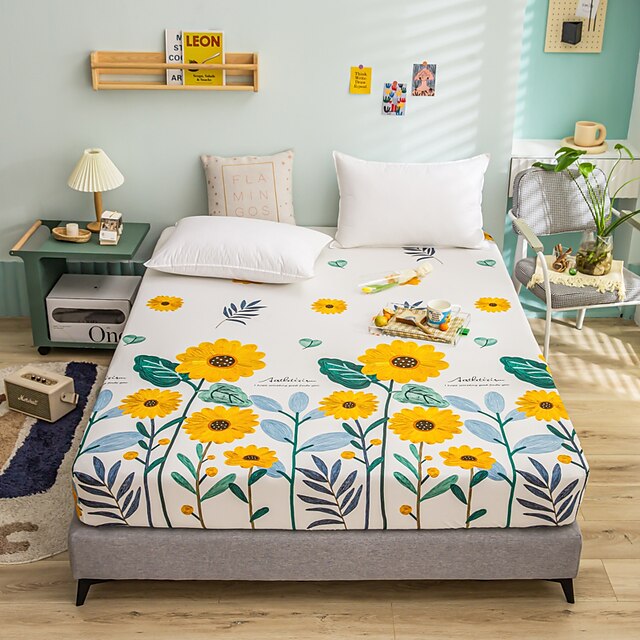 Home & Garden Home Textiles | 1-Piece Fitted Sheet Deep Pocket Cotton Floral Printed Sunflower Soft Skin Comfortable Without Pil