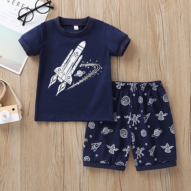 Baby & Kids Boys Clothing | Kids Boys T-shirt Set Clothing Set 2 Pieces Short Sleeve Dusty Blue Cartoon Galaxy Print Cotton Indo